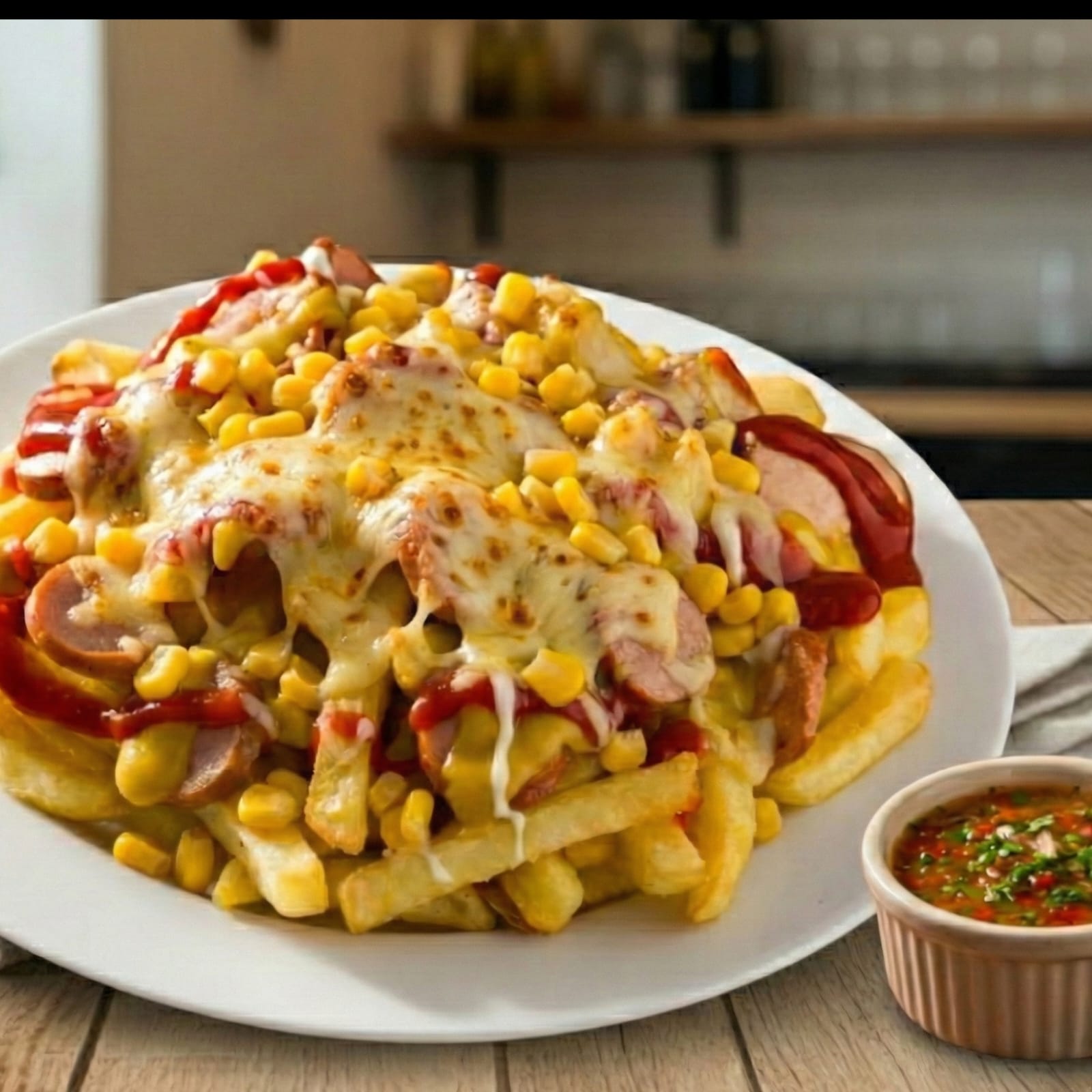 Salchipapa gratinada